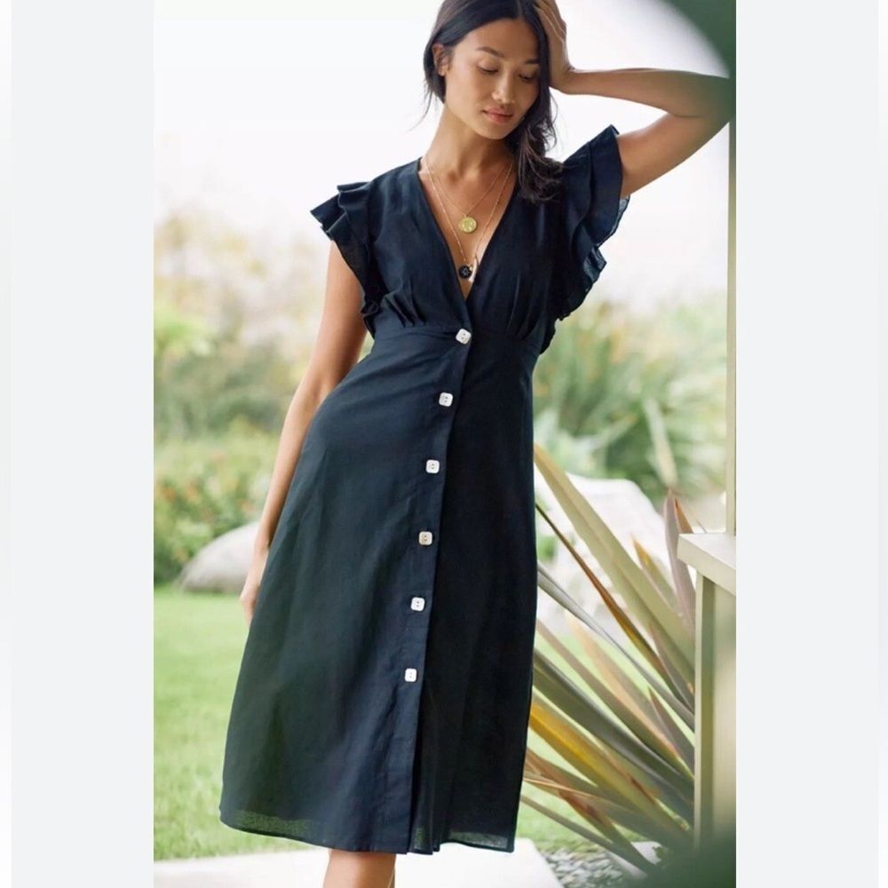 Charlie Holiday Anthro ruffle-sleeve midi dress 4 cotton linen new with tags